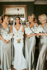 Sheath V Neck Sage Green Silk Satin Bridesmaid Dress with Bow