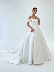 Elegant A Line Off the Shoulder White Satin Wedding Dresses
