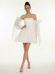 A Line Puff Long Sleeves Short Wedding Dresses With Bows