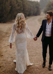 Long Lartern Sleeve Mermaid V Neck Backless Lace Bohemian Wedding Dresses