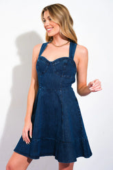 EASYGOING DAYS INDIGO CRISS CROSS BACK DENIM MINI DRESS