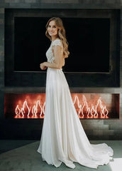 A Line Cap Sleeve Long Backless Wedding Dresses with Appliques
