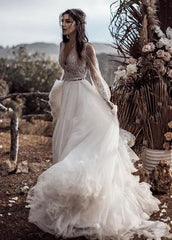 Two Piece Boho Dreamy A Line Tulle V Neck Wedding Dresses Full Sleeve