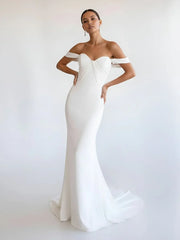 Simple White Mermaid Off the Shoulder Boho Wedding Dress