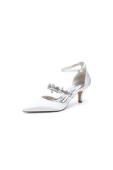 Crystal Strap Pointed Toe Satin Kitten Heels