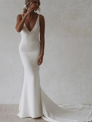 Elegant Mermaid V Neck Elastic Satin Long Wedding Dresses
