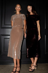 Presley Sequin Midi Skirt in Tan