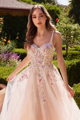 A1288 A LINE DRESS WITH MULTI COLORED FLORAL EMBELLISHMENT ANDREA LEO