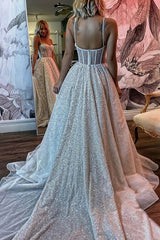 Spaghetti Straps Sequins A line Sparkly Wedding Dress Bridal Gown