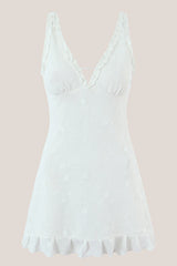 White V Neck Tulle Ruffled A Line Mini Dress