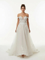 A line Lace Beach Wedding Dress with Off Shoulder Tulle Appliques