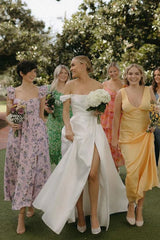 A Line Satin Off the Shoulder Wedding Dresses with Slit