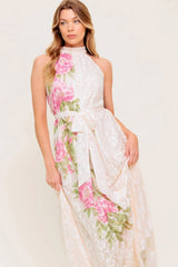 ROSE GARDEN IVORY LACE HALTER MAXI DRESS