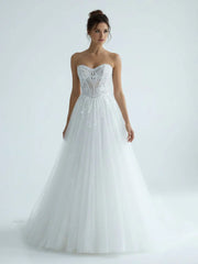 Charming A Line Strapless Tulle Lace Wedding Dresses