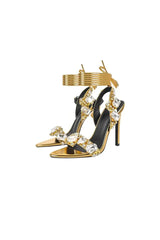 Open Toe Crystal Embellished Metallic Lace Up Stiletto Heels