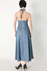 BLUE HALTER DENIM MIDI DRESS