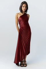 Asymmetrical Pleated Maxi Dress in Wine