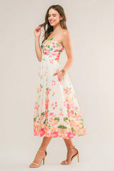 BRUNCH BOUQUET STRAPLESS FLORAL MIDI DRESS