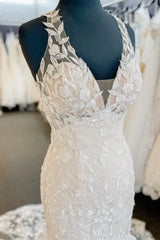 Halter Appliqued White Nude Mermaid Lace Wedding Dress