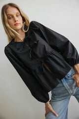 Maggie Peplum Tie Blouse in Black FINAL SALE