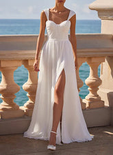 A Line Square Neckline Sleeveless Chiffon Wedding Dresses With High Split