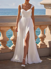 A Line Square Neckline Sleeveless Chiffon Wedding Dresses With High Split
