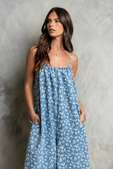 Brookelle Denim Floral Jumpsuit in Dark Wash