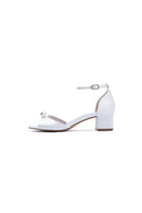 Satin Low Heel Sandals with Pearl Accent and Ankle Strap
