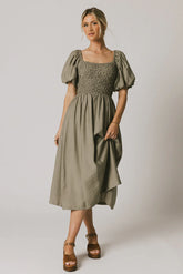 Janie Smocked Midi Dress in Olive FINAL SALE