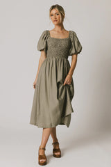 Janie Smocked Midi Dress in Olive FINAL SALE