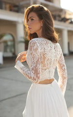 Two Piece V neck Wedding Dress with Sweep Train Lace Long Sleeves