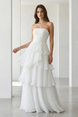 Cute A Line Chiffon Strapless Tiered Wedding Dresses