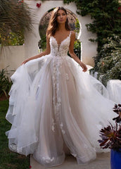 A Line Lace White Sweep Train Sleeveless Backless Wedding Dress