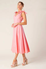 SWEET NOTHINGS SHOULDER BOW MIDI DRESS PEACH