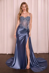 Teagan Gown Smoky Blue Fitted Satin Lace Dress
