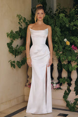 Kieran Gown Off White Stretch Satin Fitted Dress