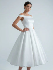 Sleeveless Tea Length Satin Wedding Dress With Sash And Off The Shoulder Neck