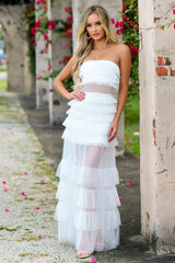 Georgia Maxi Dress White Ruffle Tulle Dress With Sheer Detail