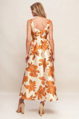 FALL FLORAL SATIN MIDI DRESS RUST