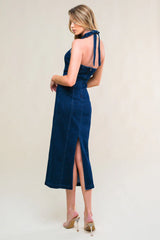 SO QUINTESSENTIAL BODYCON HALTER DENIM MIDI DRESS