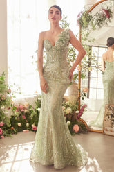 A1392 ONE SHOULDER FULLY BEADED FLORAL MOTIF GOWN GREENERY Andrea Leo