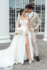 Elegant A Line Strapless White Satin Wedding Dresses With Slit