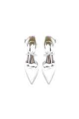 White Satin Pump with Cross Strap and Metal Accent