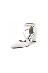 White Satin Heels with Cross Strap Design and Pearl Accented Buckle