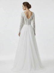 Bohemian Long Sleeves Lace Button Back A Line Modest Wedding Dresses