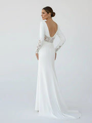 Casual V neck mermaid Sweep Train Long Sleeve Wedding Dress With Slit