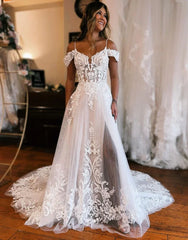 A Line Off The Shoulder Wedding Dress With Appliques And Slit