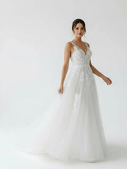 A Line V Back Long White Wedding Dress with Lace Appliqued
