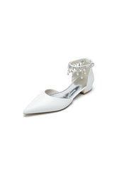White Pearl Beaded Ankle Strap Pointed Toe Low Heels