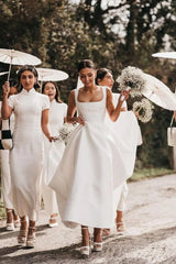 Simple A Line Square Neck White Satin Wedding Dresses